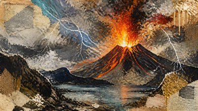 an erupting volcano with lightning strikes, dramatic wide composition, no text