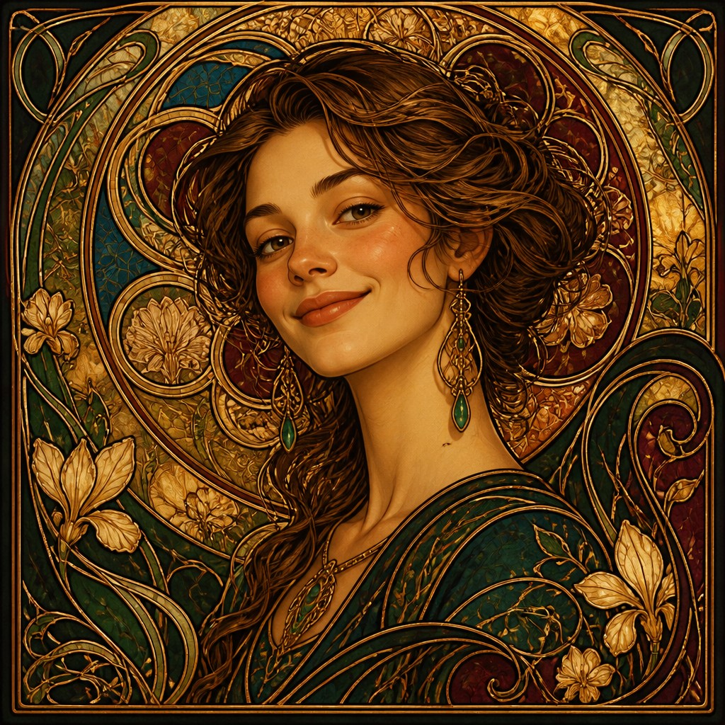 head-and-shoulders portrait of an original character: a young woman with wavy chestnut hair and a warm smile, plain soft backdrop
