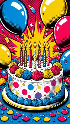 a birthday cake with lit candles surrounded by balloons and confetti, festive vertical composition, no text