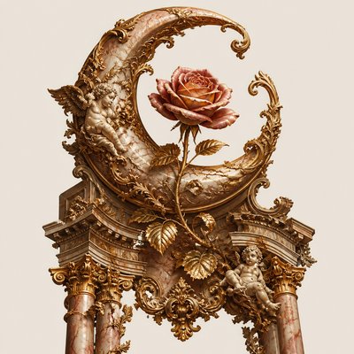 a rose entwined with a crescent moon, clean balanced composition on a plain background, no text