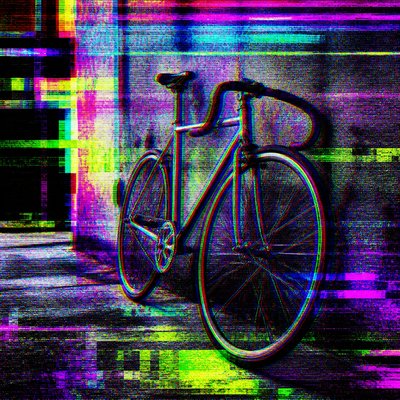 bicyle resting against a wall — Glitch Digital Art Style