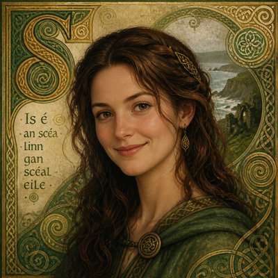 head-and-shoulders portrait of an original character: a young woman with wavy chestnut hair and a warm smile, plain soft backdrop