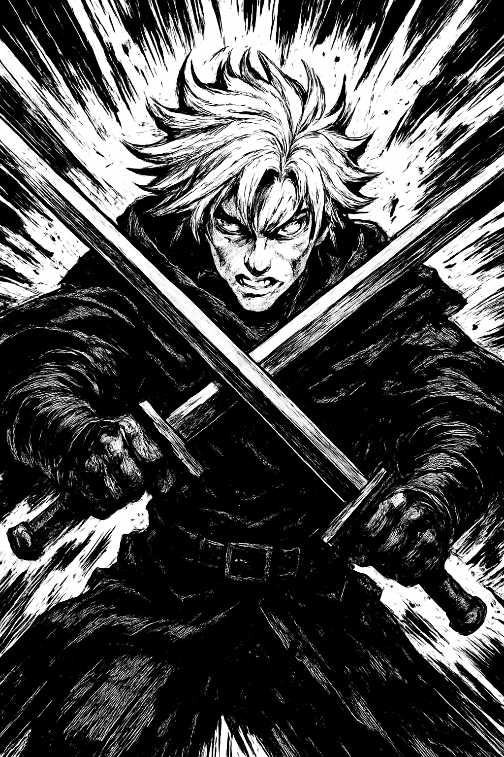 a painting of a man holding two swords