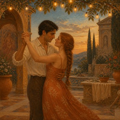 an original couple dancing under string lights in a garden at dusk: a man with short black hair in a linen shirt and a woman with braided red hair in a summer dress