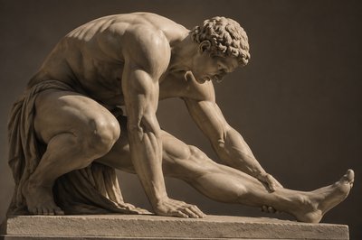 ancient greek athlete curving his back while crouching and stretching his leg on the ground