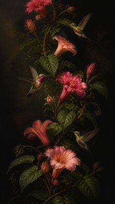 a climbing vine of flowers and hummingbirds on a dark background, tall wrapping composition, no text