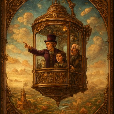An awe-inspiring and whimsical scene featuring Willy Wonka's Great Glass Wonkavator, soaring high above the chocolate factory and ascending into a fantastical sky. The Wonkavator itself is a magnificent, multi-directional glass elevator, transparent and sparkling, with Willy Wonka (in his iconic purple coat and top hat), young Charlie Bucket, and Grandpa Joe clearly visible and enjoying the ride inside. Wonka points excitedly, Charlie looks out with wide-eyed wonder, and Grandpa Joe grins with delight. The interior of the Wonkavator shows intricate, whimsical control panels.

The Wonkavator is depicted in mid-flight, having just burst through the factory roof or rising above the clouds. Below it, the fantastical landscape of the Chocolate Factory is spread out – chocolate rivers, edible gardens, candy cane trees, and various whimsical buildings. Beyond the factory, a stunning, imaginative sky unfolds, filled with floating candy clouds, distant fantastical landmarks, and even glimpses of planets and stars. The lighting is bright and magical, emphasizing the glass's transparency and the vibrant colors of the world below and beyond. The overall mood is one of boundless adventure, limitless possibilities, and pure, joyful fantasy."