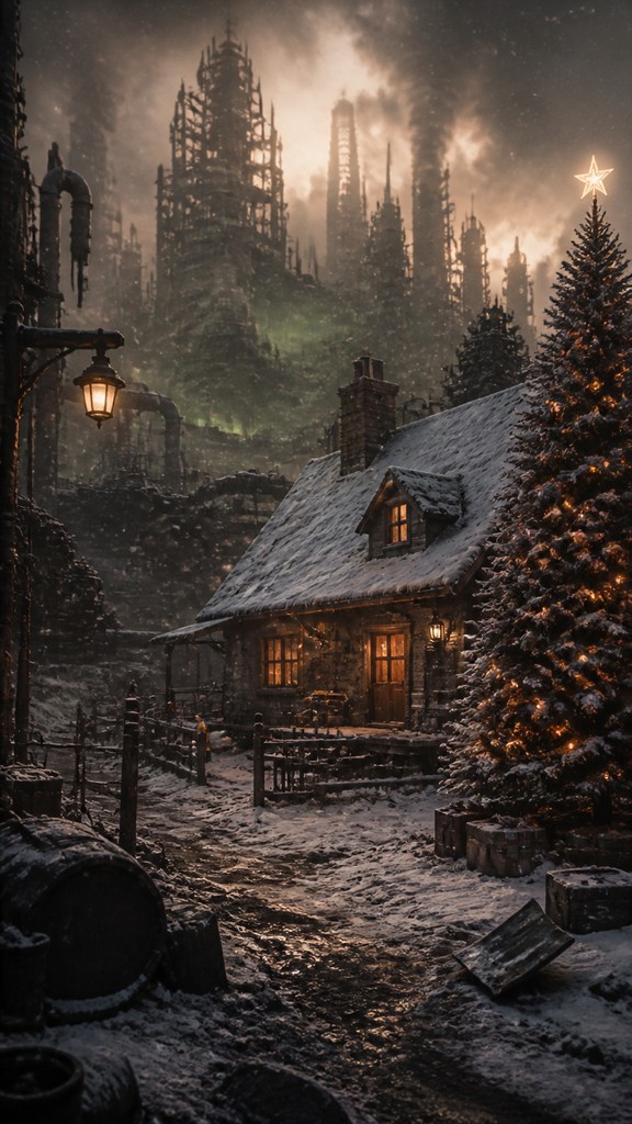 a snow-covered cottage with warm glowing windows beside a decorated pine tree, gentle snowfall, no text
