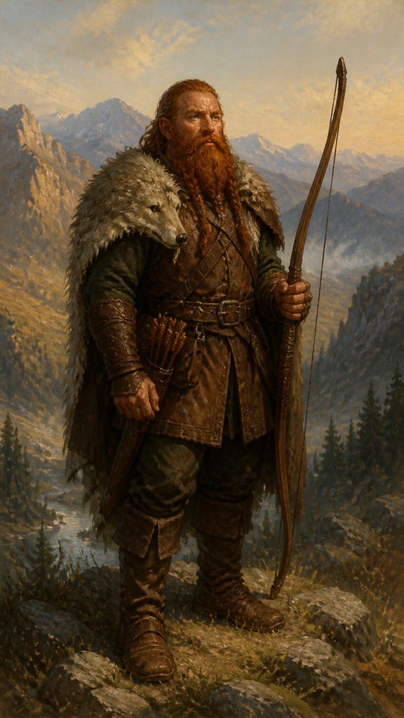 full-body original character: a dwarven ranger with a braided auburn beard, worn leather armor, a longbow and a wolf-pelt cloak, neutral background, no text