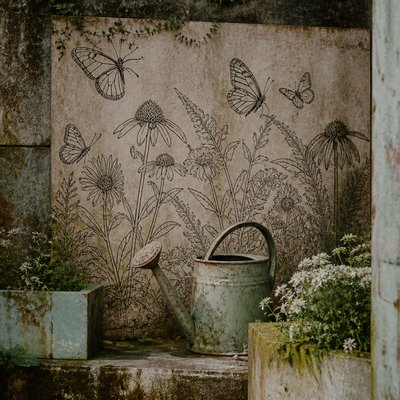 a garden scene with butterflies, flowers and a watering can, clean uncolored line art, no text