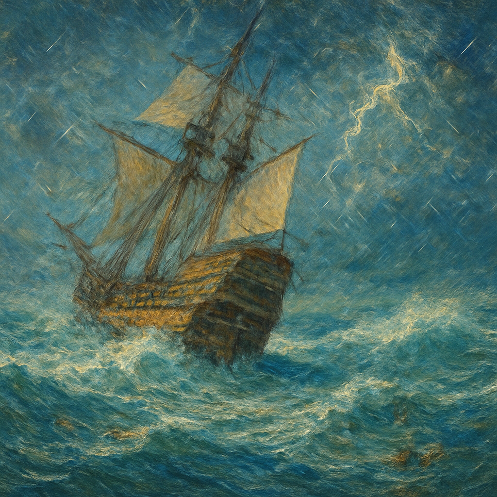 A wooden sailing ship, the Mayflower, on a tempestuous open sea under a dark, stormy sky with lightning. The ship is listing dramatically amidst huge, crashing waves. Rain lashes down. The stern of the ship shows significant damage, with splintered wood and water pouring into the broken transom. Debris from the ship's stern is visible in the churning water around it. The overall mood is one of peril and a desperate struggle against the elements.
