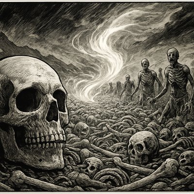 An incredibly detailed and profound scene depicting the Vision of the Dry Bones from Ezekiel 37. The immediate foreground features a stark, highly detailed close-up of a single ancient human skull, its empty eye sockets gazing out, perfectly rendered with realistic bone texture. Beyond this skull, stretching into the mid-ground, a vast, desolate valley is entirely carpeted with an immense, sprawling expanse of countless other ancient, stark white human bones and skulls. A powerful, divine wind (ruach), emanating an ethereal, sacred glow, swirls violently through this boneyard. This divine energy causes the bones to dramatically rattle, shift, and miraculously knit together, forming complete skeletons. Further in the background, some of these skeletons have already begun to rapidly form tendons, flesh, and skin, starting to rise as part of a nascent, colossal army. The sky above is dramatic and ominous, with streaks of divine light breaking through thick clouds. The overall mood is one of overwhelming desolation, followed by the initial, awe-inspiring moments of miraculous transformation and the promise of life."