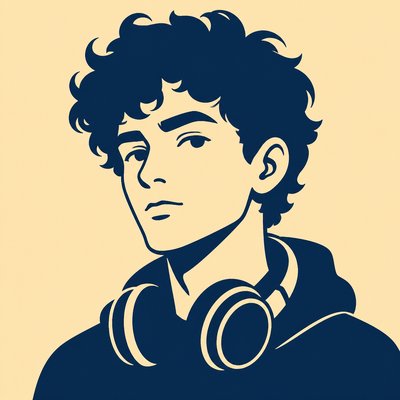head-and-shoulders portrait of an original character: a young man with curly dark hair and headphones around his neck, plain backdrop, no text