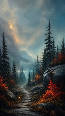 a mysterious forest path with fireflies and drifting mist, atmospheric vertical composition with open space at the top, no text