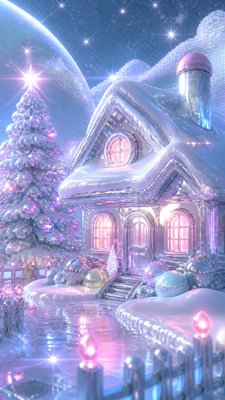 a snow-covered cottage with warm glowing windows beside a decorated pine tree, gentle snowfall, no text