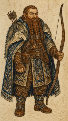 full-body original character: a dwarven ranger with a braided auburn beard, worn leather armor, a longbow and a wolf-pelt cloak, neutral background, no text