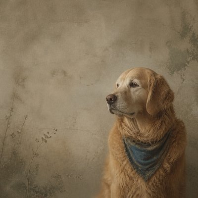 portrait of a golden retriever wearing a blue bandana, warm plain backdrop, no text