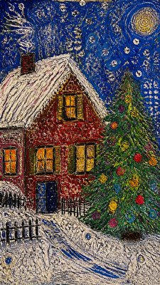a snow-covered cottage with warm glowing windows beside a decorated pine tree, gentle snowfall, no text