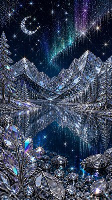 a tranquil mountain lake beneath a starry night sky, no people, no text