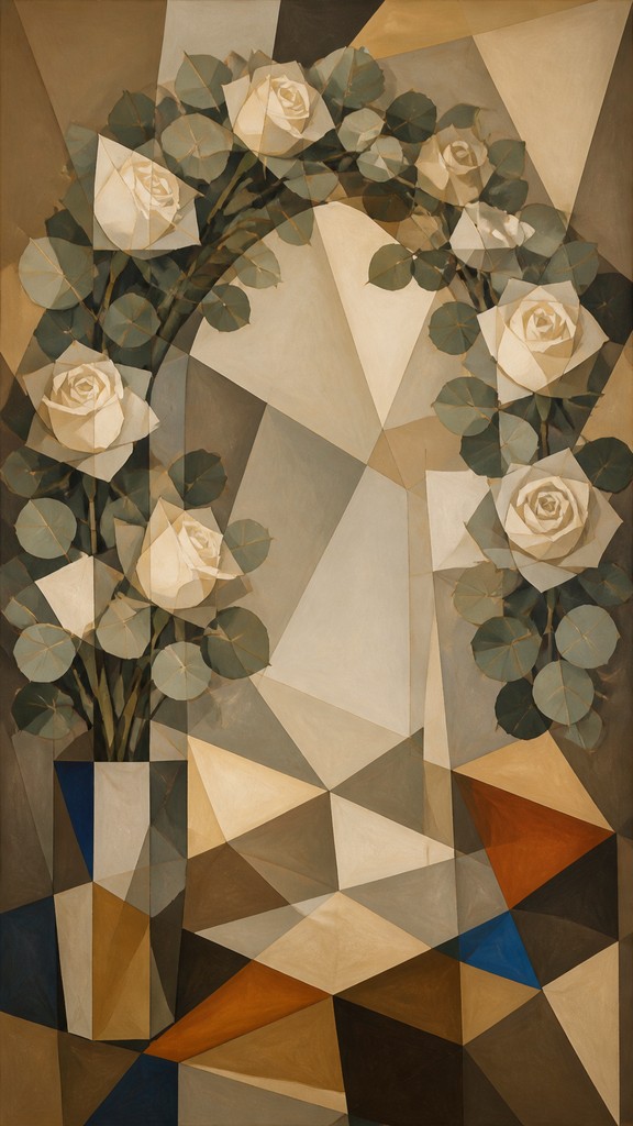 an arch of white roses and eucalyptus in soft morning light, elegant vertical composition with open space, no text