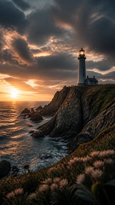 a lone lighthouse on a cliff at dusk under a dramatic sky, no text or lettering