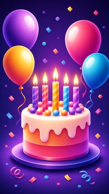 a birthday cake with lit candles surrounded by balloons and confetti, festive vertical composition, no text