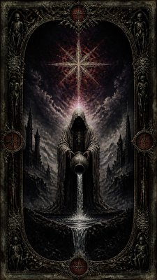 a robed figure pouring water beneath a large eight-pointed star in a night sky, symmetrical composition with an ornate decorative border, no text