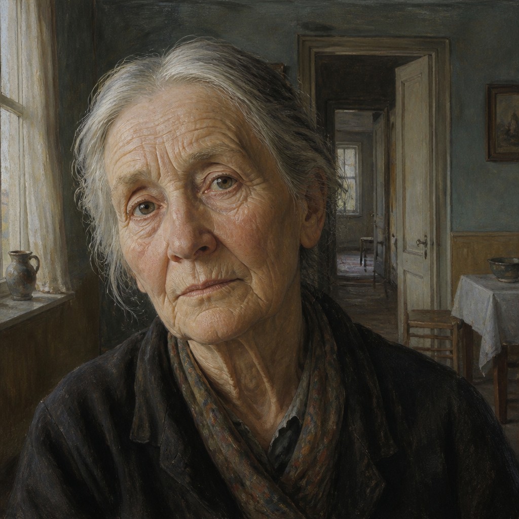 close-up portrait of an elderly person with expressive weathered features — Interior Scene Painting Style