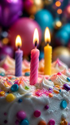 a birthday cake with lit candles surrounded by balloons and confetti, festive vertical composition, no text