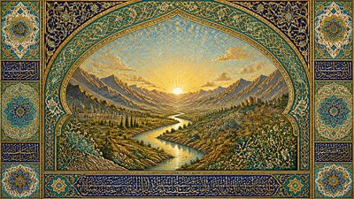 a vast valley with a river winding toward distant mountains at sunrise, no people, no text
