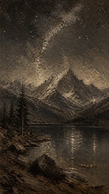 a tranquil mountain lake beneath a starry night sky, no people, no text