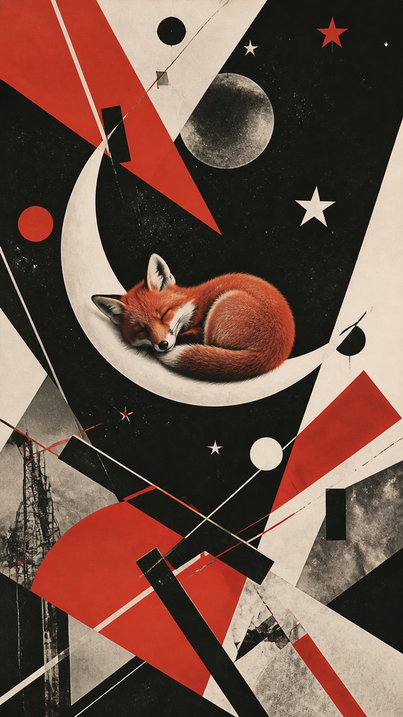 a sleeping baby fox curled on a crescent moon among soft stars, gentle and warm, no text