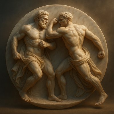 a statue of two men fighting each other