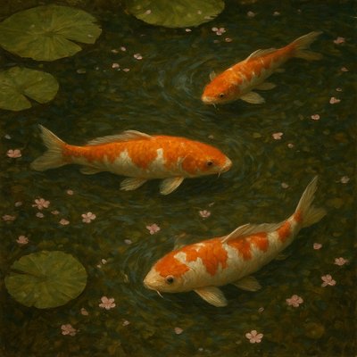 A koi pond seen from above, orange and white koi fish swimming among lily pads, clear water with subtle ripples, fallen cherry blossom petals floating on the surface, dappled sunlight