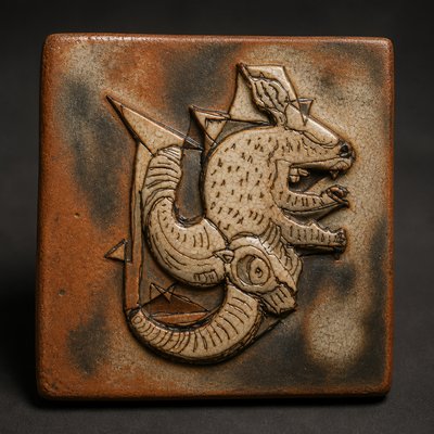 a ceramic tile with a picture of a rat on it