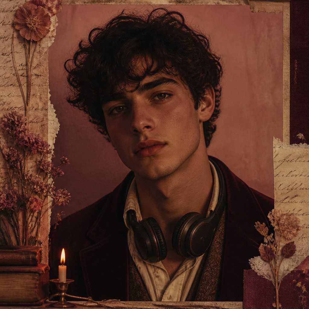 head-and-shoulders portrait of an original character: a young man with curly dark hair and headphones around his neck, plain backdrop, no text