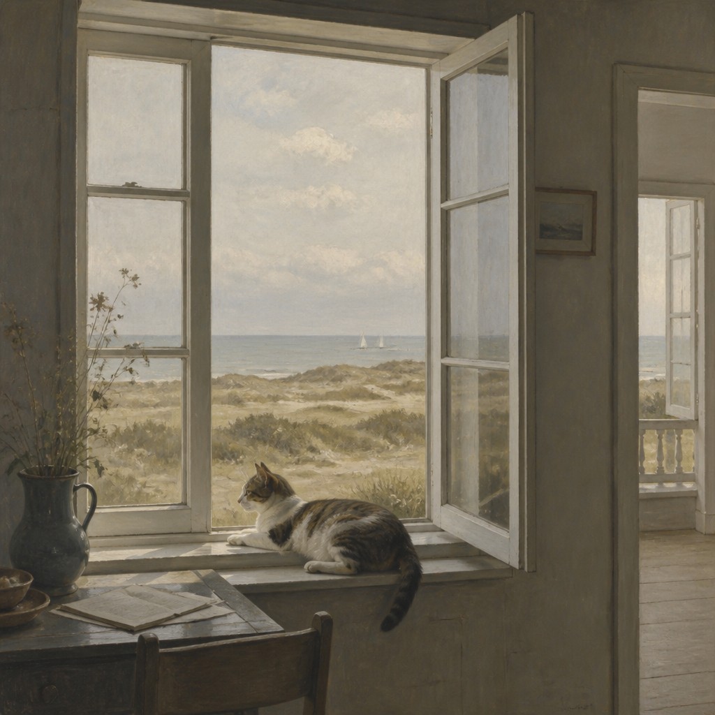 a cat lounging in a sunlit window — Danish Art Style