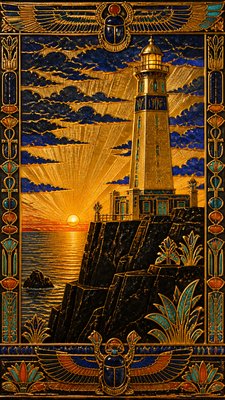 a lone lighthouse on a cliff at dusk under a dramatic sky, no text or lettering