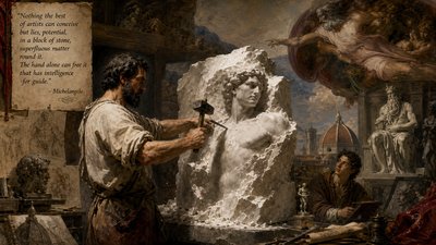 "Nothing the best of artists can conceive but lies, potential, in a block of stone, superfluous matter round it. The hand alone can free it that has intelligence for guide." - Michelangelo