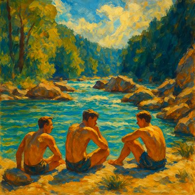 a painting of three men sitting by a river