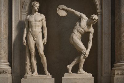 Polyclitus and ancient greek discobulos holding a discus in contrapposto pose
