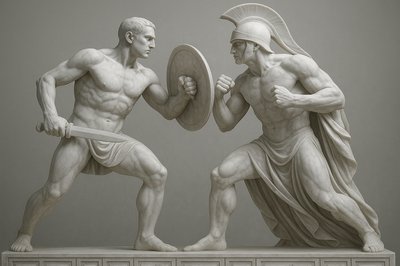 a statue of two men fighting each other
