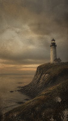 a lone lighthouse on a cliff at dusk under a dramatic sky, no text or lettering
