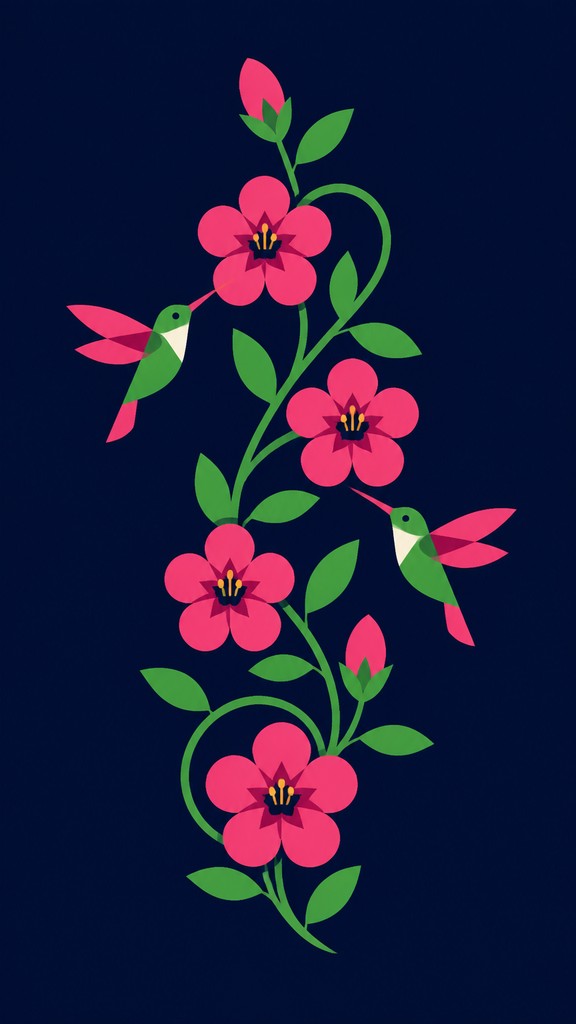 a climbing vine of flowers and hummingbirds on a dark background, tall wrapping composition, no text