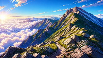 a wide alpine ridge above a sea of clouds, no people