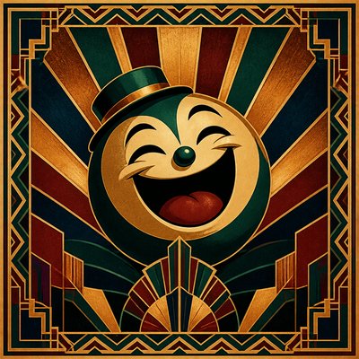 an exaggerated laughing face of an original round mascot character, bold and readable at small size, plain background, no text