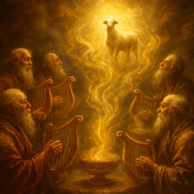 A majestic and reverent scene, directly inspired by Revelation 5:8. A group of elderly, robed figures are kneeling in worship, their faces and attention directed towards a central focal point. Each elder holds a golden harp in one hand and a golden bowl brimming with luminous, swirling incense in the other. The incense, representing the collective prayers of all saints, rises in shimmering, golden tendrils from each bowl, converging and ascending towards the central figure. At the very center of the composition, slightly elevated and bathed in radiant light, stands the Lamb who was slain, embodying divine power and sacrifice, the recipient of all this worship. The atmosphere is ethereal, filled with soft, divine golden light emanating from the incense and the Lamb, emphasizing the precious, sacred, and unified nature of the prayers being offered before Him. Focus on the rich textures of gold, the reverence of the elders, and the radiant presence of the Lamb