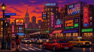bustling city street panorama at dusk