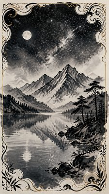 a tranquil mountain lake beneath a starry night sky, no people, no text