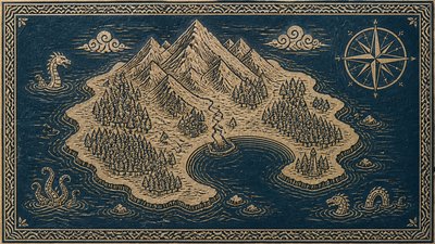 a map of an island realm with mountains, forests, a sheltered bay, sea monsters in the water and a compass rose, no text labels